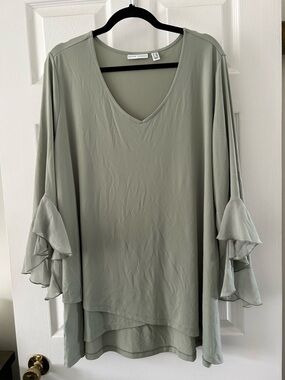 Susan Graver Sage Green V-Neck Tunic with Ruffle Sleeves